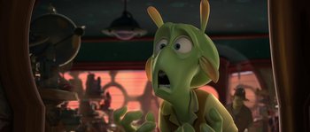 Movie still from “Planet 51” (2009), directed by Javier Abad – A green bug with a surprised look on his face; Close Up shot, Over the shoulder angle