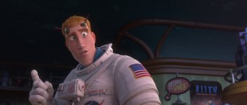 Movie still from “Planet 51” (2009), directed by Javier Abad – An image of an animated character in a space suit; Medium shot, Over the shoulder angle