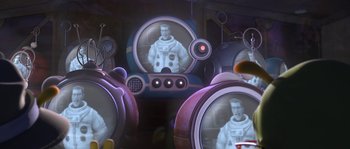 Movie still from “Planet 51” (2009), directed by Javier Abad – A man in a spacesuit is in a space suit; Medium shot, Over the shoulder angle