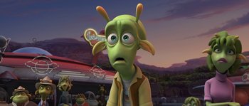 Movie still from “Planet 51” (2009), directed by Javier Abad – An animated creature with a sad look on his face; Close Up shot, High angle