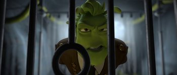Movie still from “Planet 51” (2009), directed by Javier Abad – A person's face behind bars; Close Up shot, Low angle