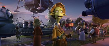 Movie still from “Planet 51” (2009), directed by Javier Abad – An animated scene of a man in a yellow suit and a hat; Medium shot, Over the shoulder angle