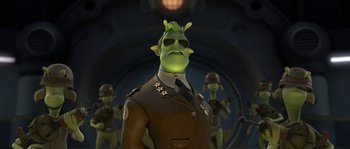 Movie still from “Planet 51” (2009), directed by Javier Abad – An image of an animated character in a uniform; Medium shot, Over the shoulder angle