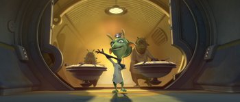 Movie still from “Planet 51” (2009), directed by Javier Abad – An animated character in front of a group of other characters; Wide shot, Low angle