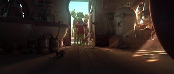 Movie still from “Planet 51” (2009), directed by Javier Abad – A group of people standing in a room; Wide shot, High angle