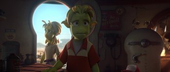 Movie still from “Planet 51” (2009), directed by Javier Abad – A cartoon character is looking at the camera; Medium shot, Low angle