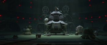 Movie still from “Planet 51” (2009), directed by Javier Abad – An image of an alien spaceship in a dark room; Extreme Wide shot, High angle