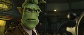 Movie still from “Planet 51” (2009), directed by Javier Abad – A person wearing a suit and tie; Close Up shot, Over the shoulder angle