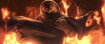 Movie still from “Planet 51” (2009), directed by Javier Abad – An image of a person in a spacesuit; Medium shot, Low angle