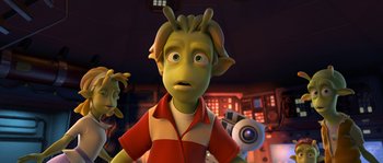 Movie still from “Planet 51” (2009), directed by Javier Abad – An animated character is looking at the camera; Close Up shot, Low angle