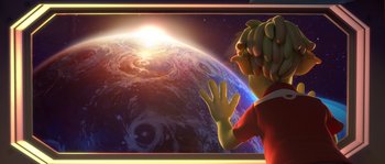 Movie still from “Planet 51” (2009), directed by Javier Abad – An animated picture of an earth with a sun setting behind it; Extreme Close Up shot, High angle