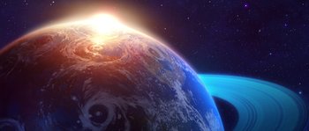 Movie still from “Planet 51” (2009), directed by Javier Abad – A view of the earth from outer space with the rising sun; Extreme Wide shot, Low angle