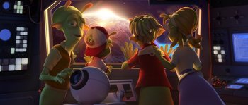 Movie still from “Planet 51” (2009), directed by Javier Abad – A group of people standing in front of an open window; Wide shot, High angle