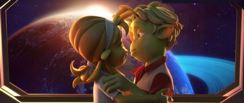 Movie still from “Planet 51” (2009), directed by Javier Abad – A couple of people that are kissing in a room; Close Up shot, Low angle