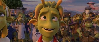 Movie still from “Planet 51” (2009), directed by Javier Abad – A cartoon of a person with a bunch of people in the background; Close Up shot, High angle