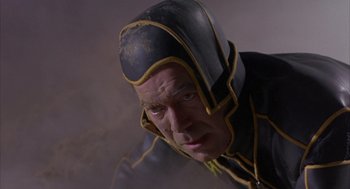 Movie still from “Planet of the Vampires” (1965), directed by Mario Bava – A person wearing a helmet; Close Up shot, Low angle