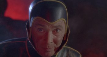 Movie still from “Planet of the Vampires” (1965), directed by Mario Bava – A person wearing a helmet; Close Up shot, Low angle