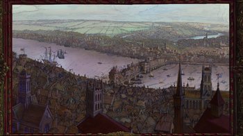 Movie still from “Pocahontas” (1995), directed by Mike Gabriel – A painting of a city with a river and a bridge in the background; Extreme Wide shot, High angle