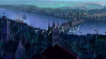 Movie still from “Pocahontas” (1995), directed by Mike Gabriel – An aerial view of a city with birds flying above; Extreme Wide shot, High angle