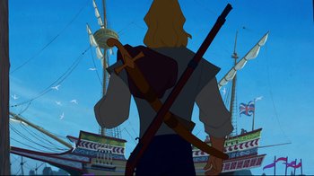 Movie still from “Pocahontas” (1995), directed by Mike Gabriel – A man holding a rifle in front of a ship; Wide shot, Over the shoulder angle