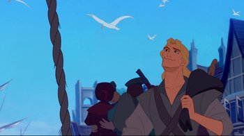 Movie still from “Pocahontas” (1995), directed by Mike Gabriel – A man with a gun looking up at the sky; Medium shot, Low angle
