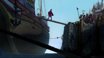 Movie still from “Pocahontas” (1995), directed by Mike Gabriel – A cartoon of a pirate on a ship; Extreme Wide shot, Low angle