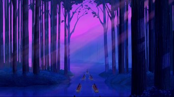 Movie still from “Pocahontas” (1995), directed by Mike Gabriel – A painting of people in a boat on a river; Extreme Wide shot, Low angle