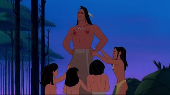 Movie still from “Pocahontas” (1995), directed by Mike Gabriel – A group of people standing next to an indian; Medium shot, Low angle