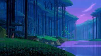 Movie still from “Pocahontas” (1995), directed by Mike Gabriel – A painting of trees and a body of water in the background; Extreme Wide shot, Low angle