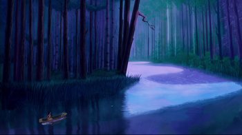 Movie still from “Pocahontas” (1995), directed by Mike Gabriel – A painting of a river with a boat on it; Extreme Wide shot, Low angle