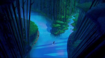 Movie still from “Pocahontas” (1995), directed by Mike Gabriel – A painting of a person swimming in a river; Extreme Wide shot, Overhead angle