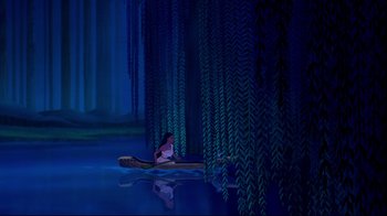 Movie still from “Pocahontas” (1995), directed by Mike Gabriel – A woman sitting on a surfboard in the middle of the water; Extreme Wide shot, Over the shoulder angle