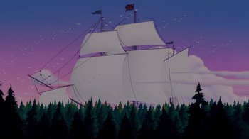Movie still from “Pocahontas” (1995), directed by Mike Gabriel – An illustration of a tall ship in the middle of a forest; Extreme Wide shot, Low angle