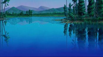 Movie still from “Pocahontas” (1995), directed by Mike Gabriel – A painting of a body of water with trees and mountains in the background; Extreme Wide shot, Low angle