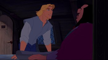 Movie still from “Pocahontas” (1995), directed by Mike Gabriel – A man in medieval garb talking to another man in medieval garb; Medium shot, Over the shoulder angle