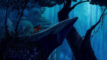 Movie still from “Pocahontas” (1995), directed by Mike Gabriel – An animated scene of a woman standing on a boat in the middle of a forest; Extreme Wide shot, Overhead angle