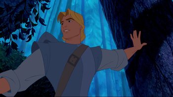 Movie still from “Pocahontas” (1995), directed by Mike Gabriel – A man with a long blonde hair and a beard; Medium shot, Low angle