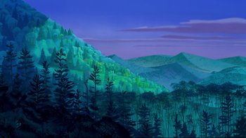 Movie still from “Pocahontas” (1995), directed by Mike Gabriel – A painting of a forest with a mountain in the background; Extreme Wide shot, High angle