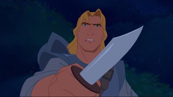 Movie still from “Pocahontas” (1995), directed by Mike Gabriel – A cartoon character holding a sword; Close Up shot, Over the shoulder angle