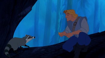 Movie still from “Pocahontas” (1995), directed by Mike Gabriel – A man and a racoon in a forest; Medium shot, Over the shoulder angle