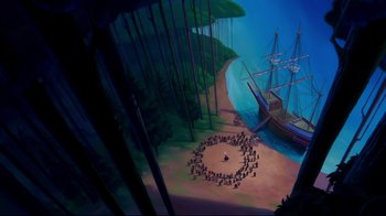 Movie still from “Pocahontas” (1995), directed by Mike Gabriel – An aerial view of a group of people standing in a circle; Extreme Wide shot, Overhead angle