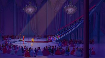 Movie still from “Pocahontas” (1995), directed by Mike Gabriel – A crowd of people standing in a room; Extreme Wide shot, High angle