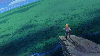 Movie still from “Pocahontas” (1995), directed by Mike Gabriel – A man standing on a cliff looking at a river; Extreme Wide shot, Overhead angle