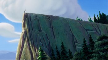 Movie still from “Pocahontas” (1995), directed by Mike Gabriel – A person standing on top of a cliff; Extreme Wide shot, Low angle