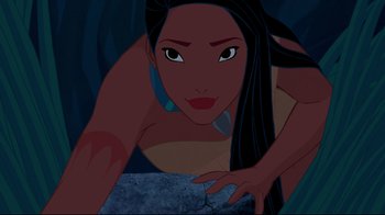Movie still from “Pocahontas” (1995), directed by Mike Gabriel – A person with long black hair; Close Up shot, Overhead angle