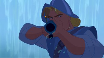 Movie still from “Pocahontas” (1995), directed by Mike Gabriel – A man in a blue hat is taking a picture with a camera; Close Up shot, Over the shoulder angle