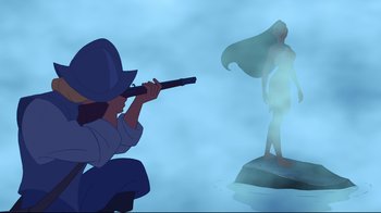 Movie still from “Pocahontas” (1995), directed by Mike Gabriel – A woman in a white dress and a man in a blue hat and a gun; Wide shot, Over the shoulder angle
