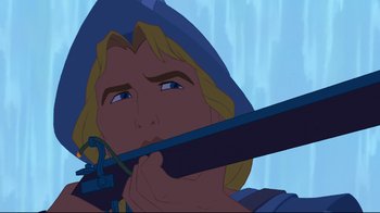 Movie still from “Pocahontas” (1995), directed by Mike Gabriel – A person holding a sword; Close Up shot, Over the shoulder angle