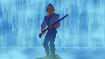 Movie still from “Pocahontas” (1995), directed by Mike Gabriel – A man holding a rifle standing in front of a waterfall; Medium shot, Low angle