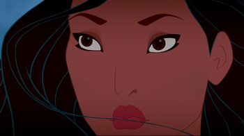 Movie still from “Pocahontas” (1995), directed by Mike Gabriel – Picture of a woman's face with red lipstick; Close Up shot, Overhead angle